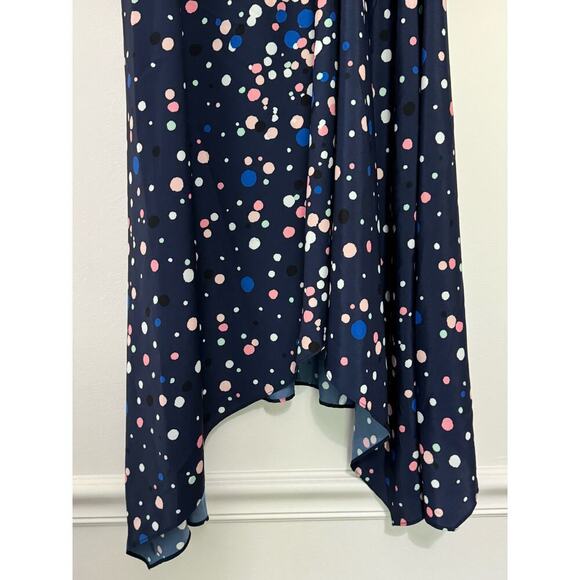ELIZA J Navy Blue Polka Dotted Pink Faux Wrap Midi Dress V-Neck Size 10 Retro - Picture 3 of 14